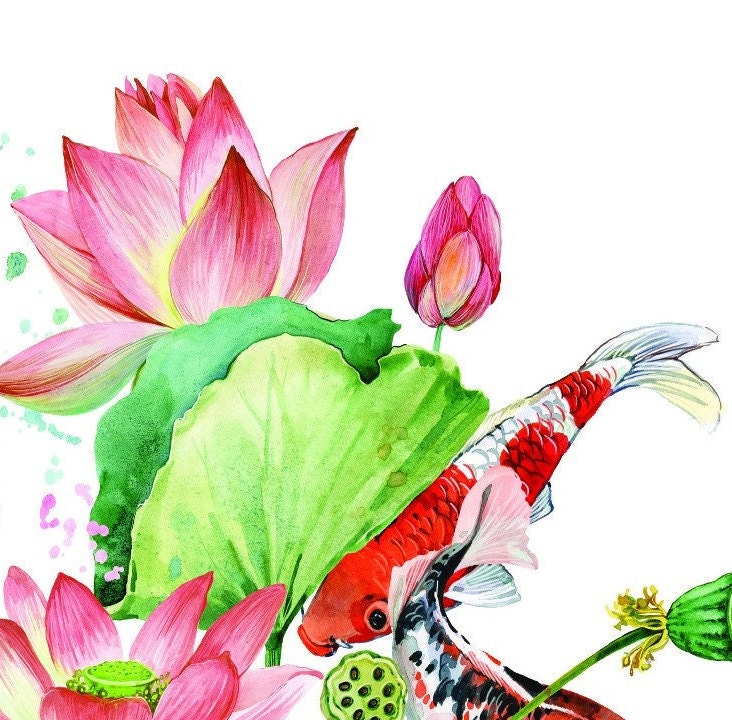Easy Furniture Transfer - Decor Transfer - Furniture Upcycling - Floral Transfer - Lotus & Red Fish