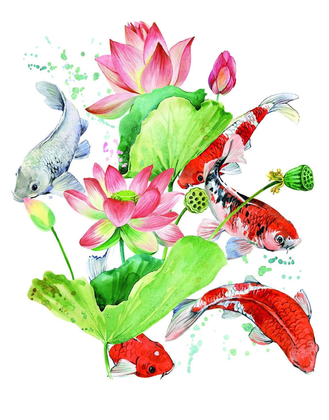 Easy Furniture Transfer - Decor Transfer - Furniture Upcycling - Floral Transfer - Lotus & Red Fish