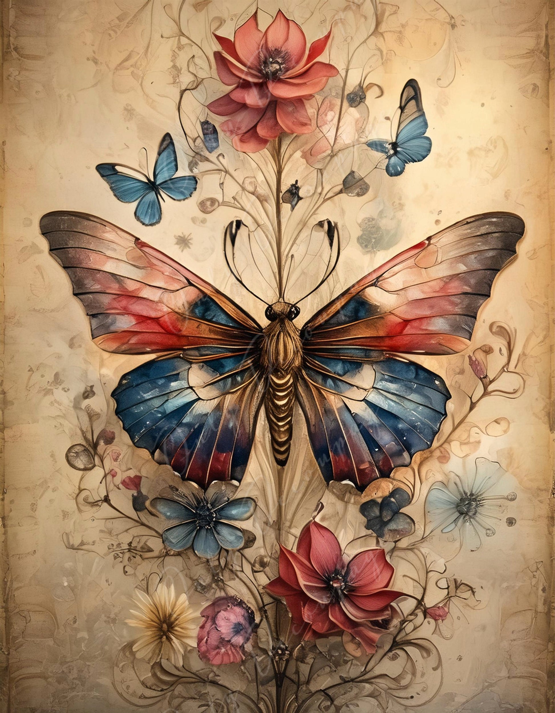 Large Decoupage Paper for Furniture - Butterfly - Rice Paper - Decoupage Paper - Spring Flowers