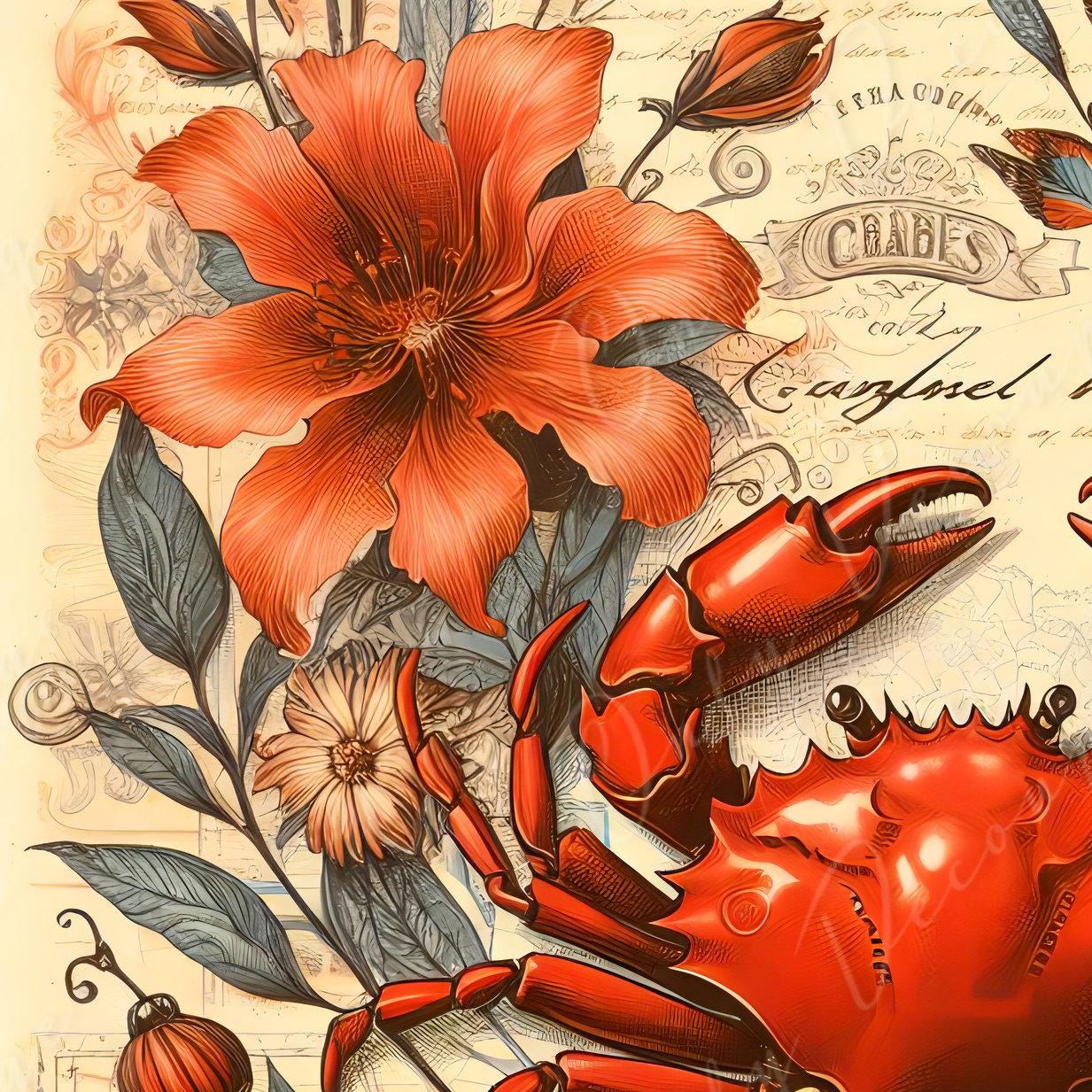 Large Decoupage Paper for Furniture - Red Crap - Rice Paper - Decoupage Paper - Coastal Life - Compass - Red Flowers