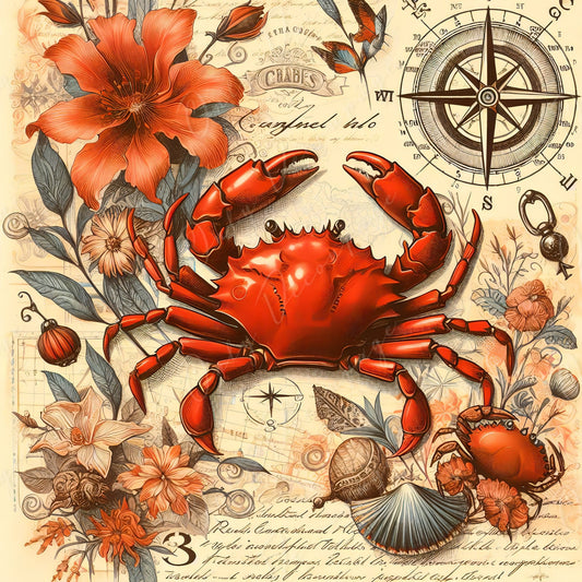 Large Decoupage Paper for Furniture - Red Crap - Rice Paper - Decoupage Paper - Coastal Life - Compass - Red Flowers