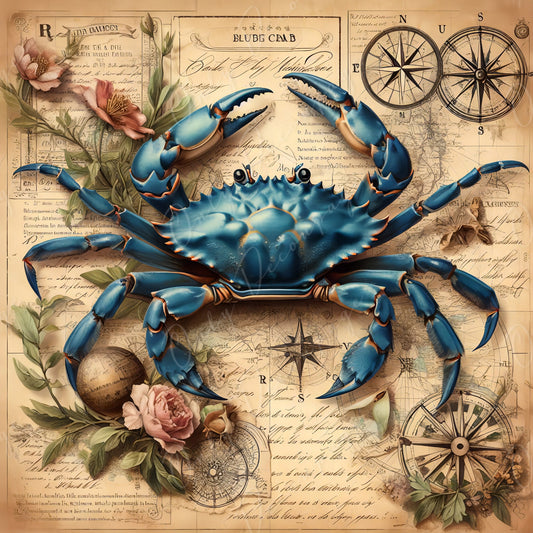 Large Decoupage Paper for Furniture - Blue Crap - Rice Paper - Decoupage Paper - Coastal Life - Compass - Floral