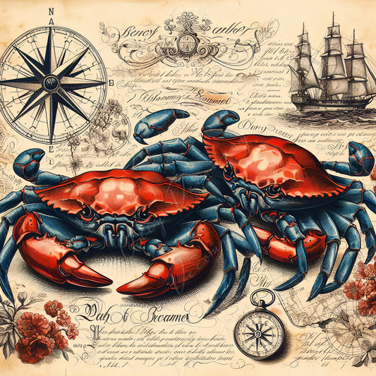 Large Decoupage Paper for Furniture - Blue Crap - Rice Paper - Decoupage Paper - Coastal Life - Compass - Floral