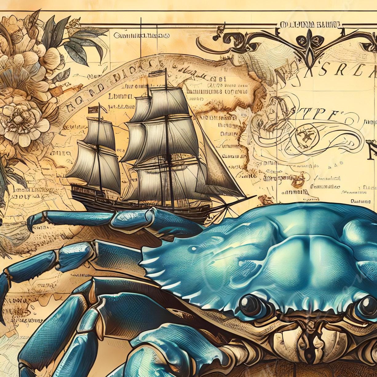 Blue Crab Decoupage Paper – Vintage Map, Coastal Furniture Rice Paper