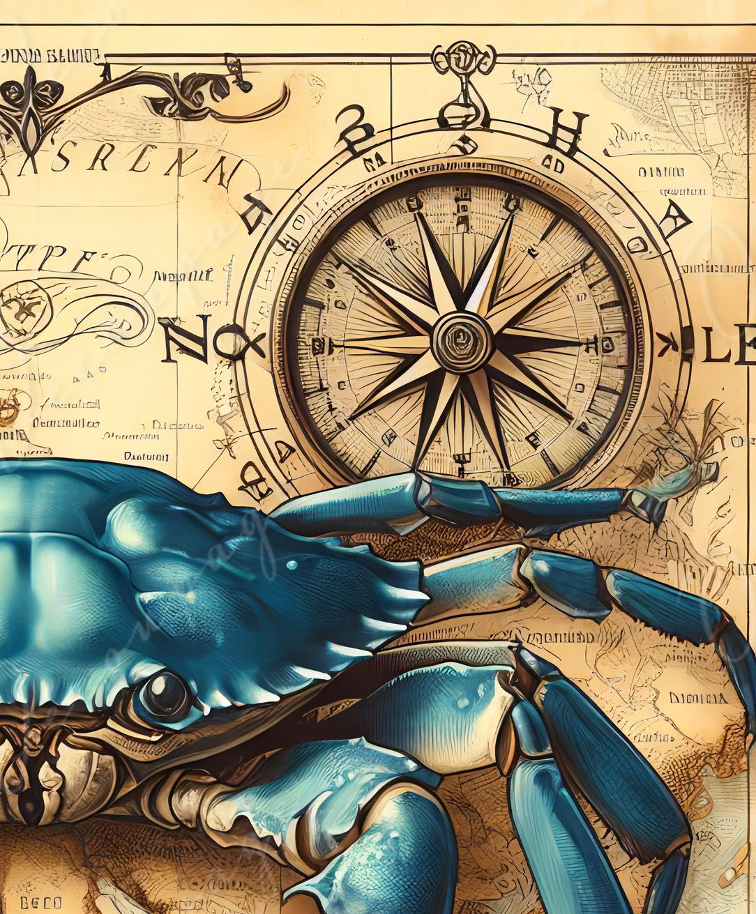Blue Crab Decoupage Paper – Vintage Map, Coastal Furniture Rice Paper