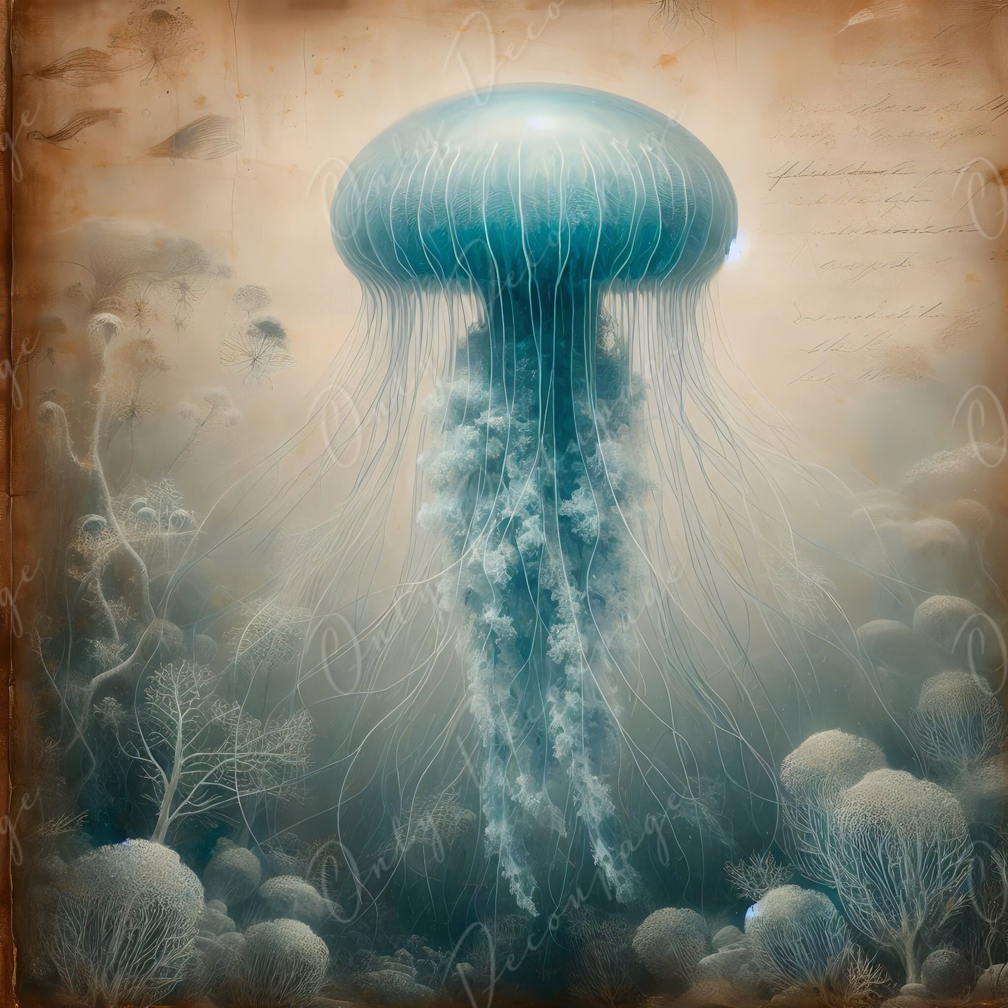 Large Decoupage Paper for Furniture - Blue Jellyfish - Rice Paper - Decoupage Paper - Sea Creatures - Vintage Canvas