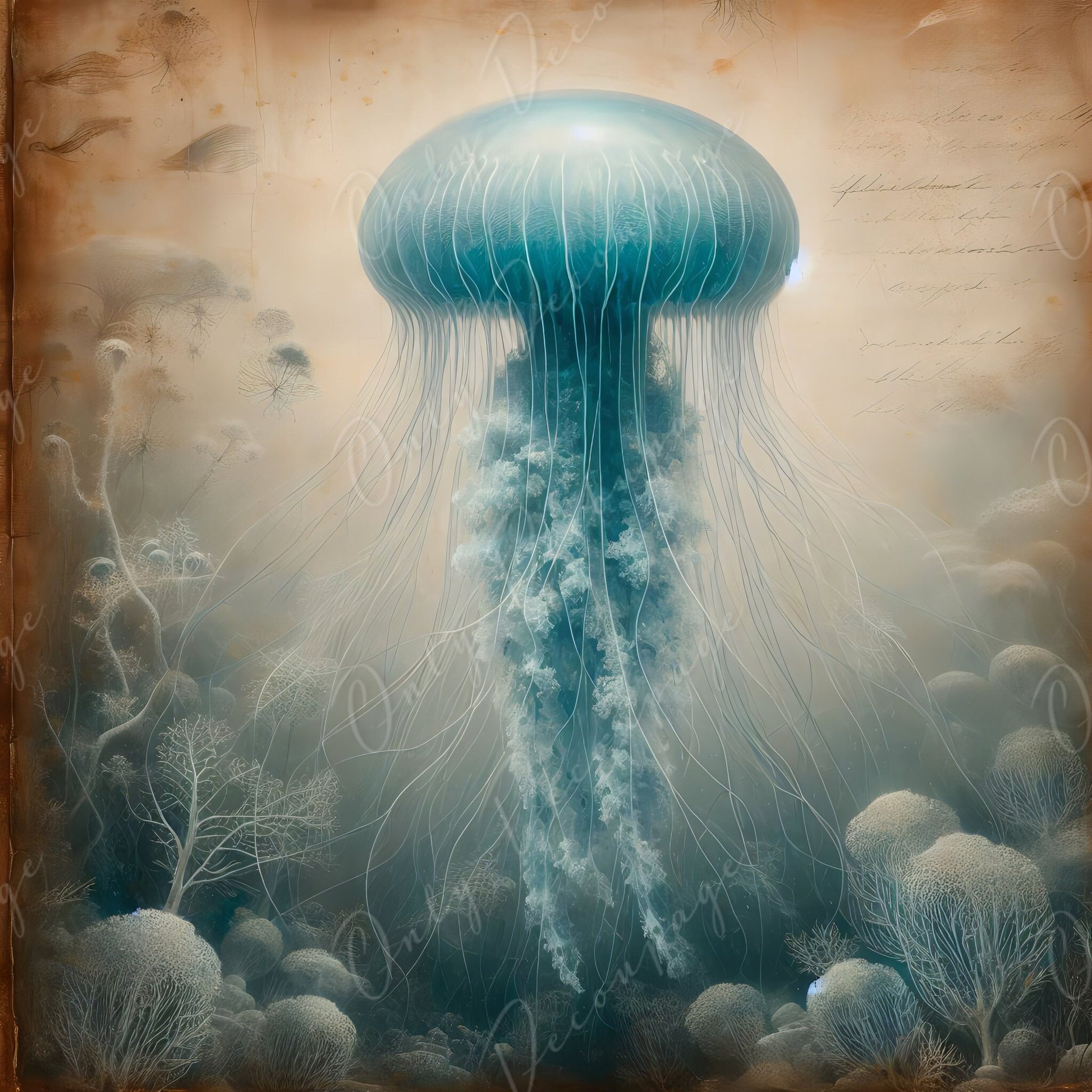 Large Decoupage Paper for Furniture - Blue Jellyfish - Rice Paper - Decoupage Paper - Sea Creatures - Vintage Canvas