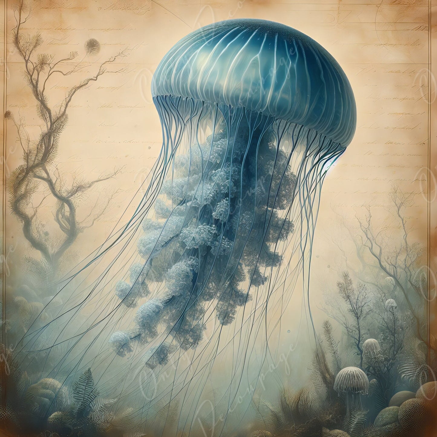 Large Decoupage Paper for Furniture - Blue Jellyfish - Rice Paper - Decoupage Paper - Sea Creatures - Vintage Canvas