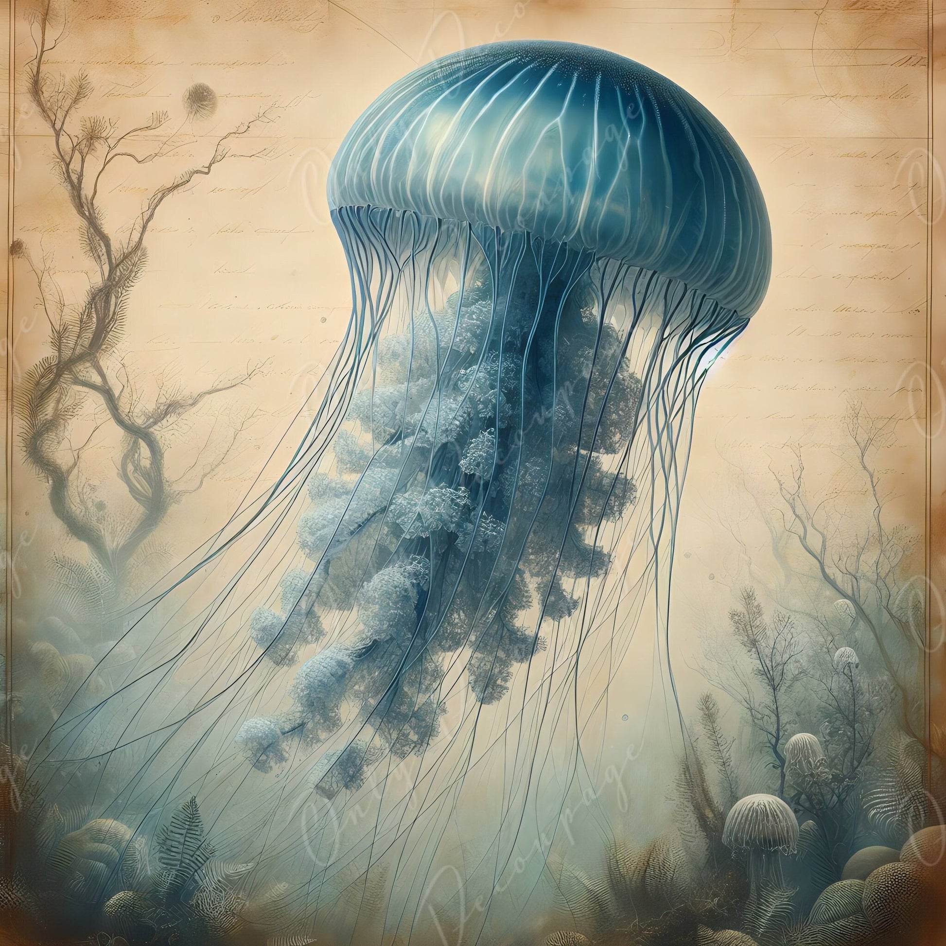 Large Decoupage Paper for Furniture - Blue Jellyfish - Rice Paper - Decoupage Paper - Sea Creatures - Vintage Canvas