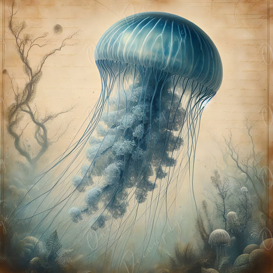 Large Decoupage Paper for Furniture - Blue Jellyfish - Rice Paper - Decoupage Paper - Sea Creatures - Vintage Canvas