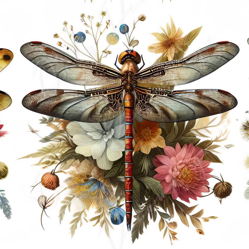 Large Decoupage Paper for Furniture - Dragonfly - Rice Paper - Decoupage Paper - Floral Illustrations