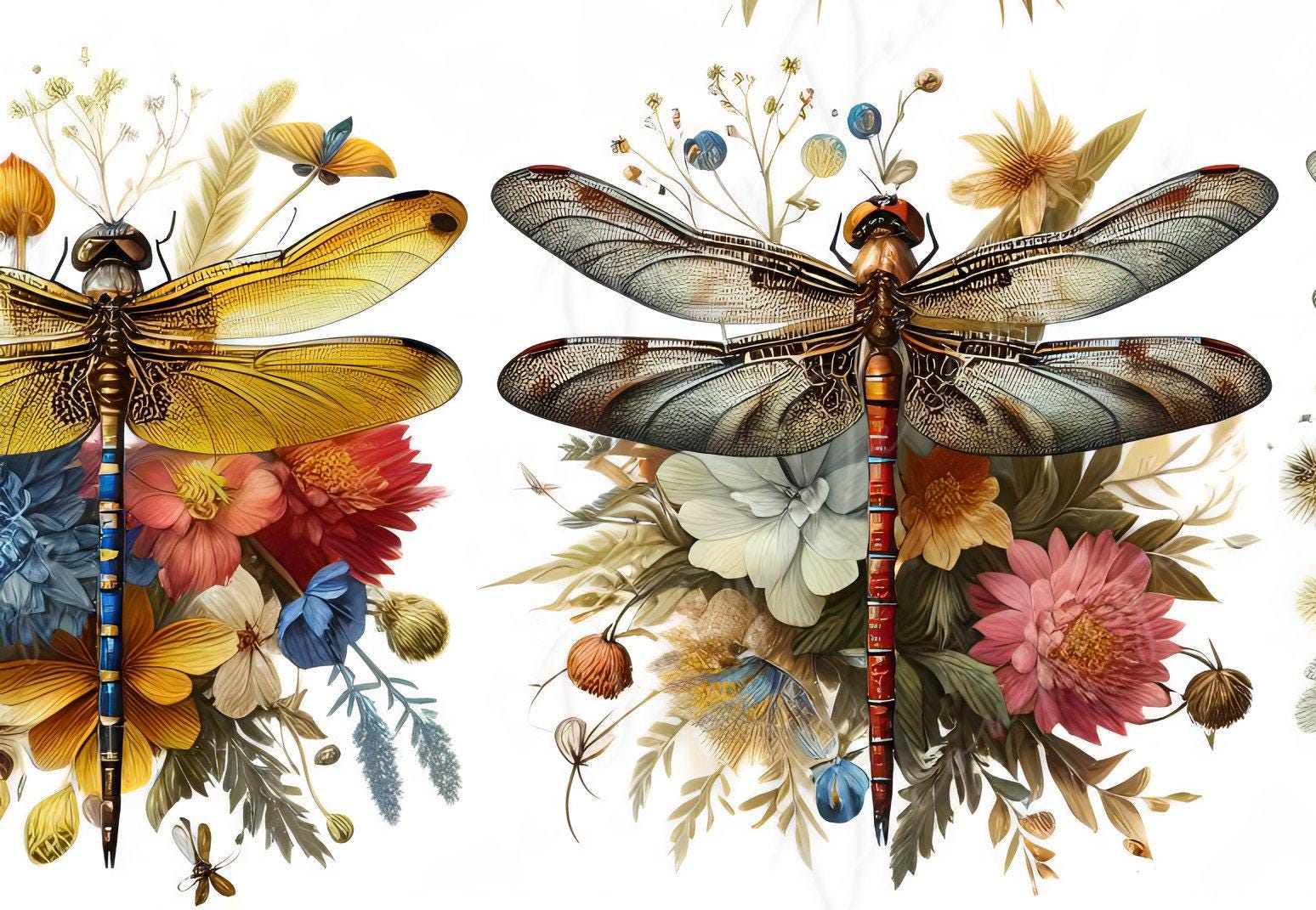 Large Decoupage Paper for Furniture - Dragonfly - Rice Paper - Decoupage Paper - Floral Illustrations