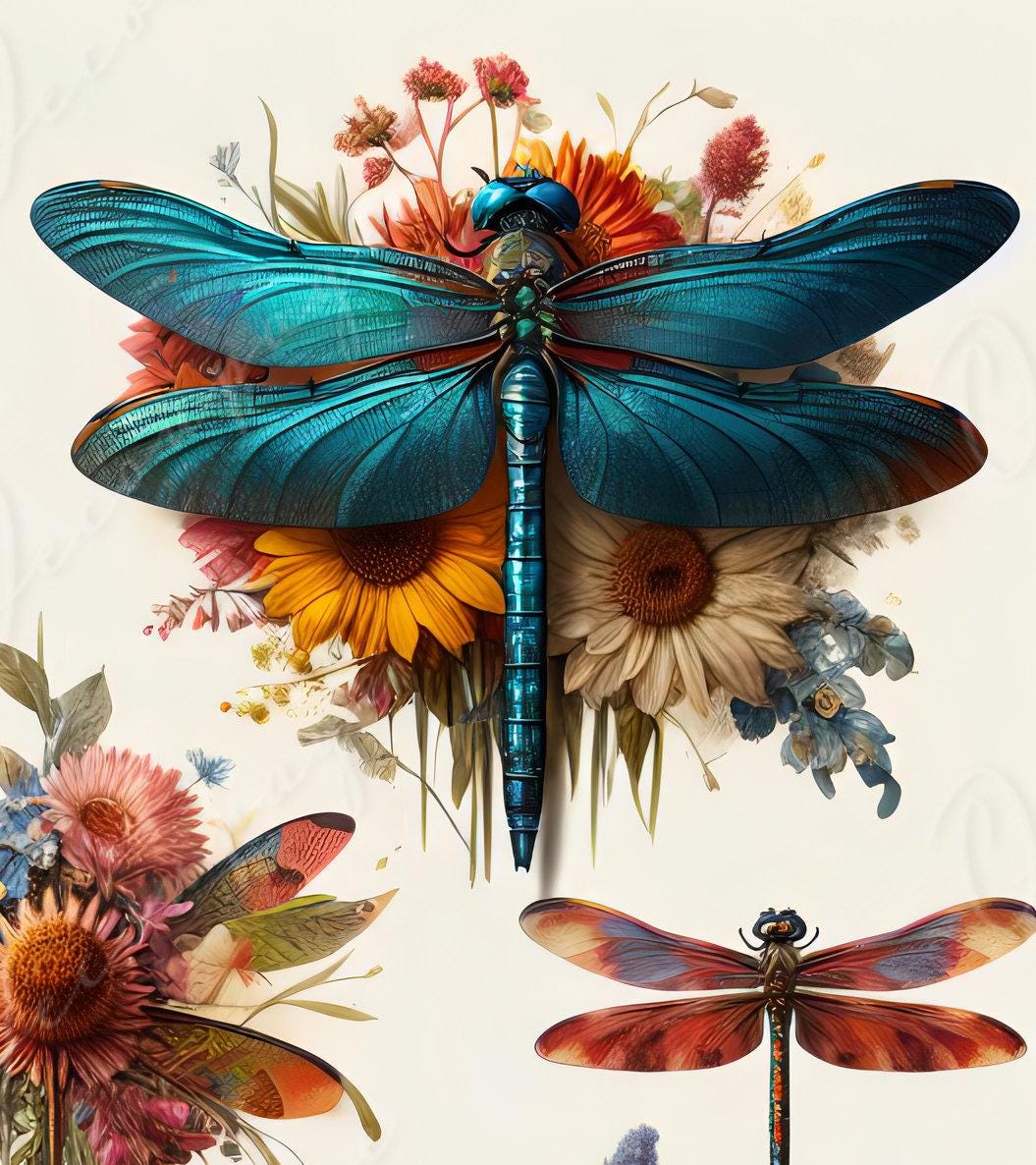 Large Decoupage Paper for Furniture - Dragonfly - Rice Paper - Decoupage Paper - Floral Illustrations