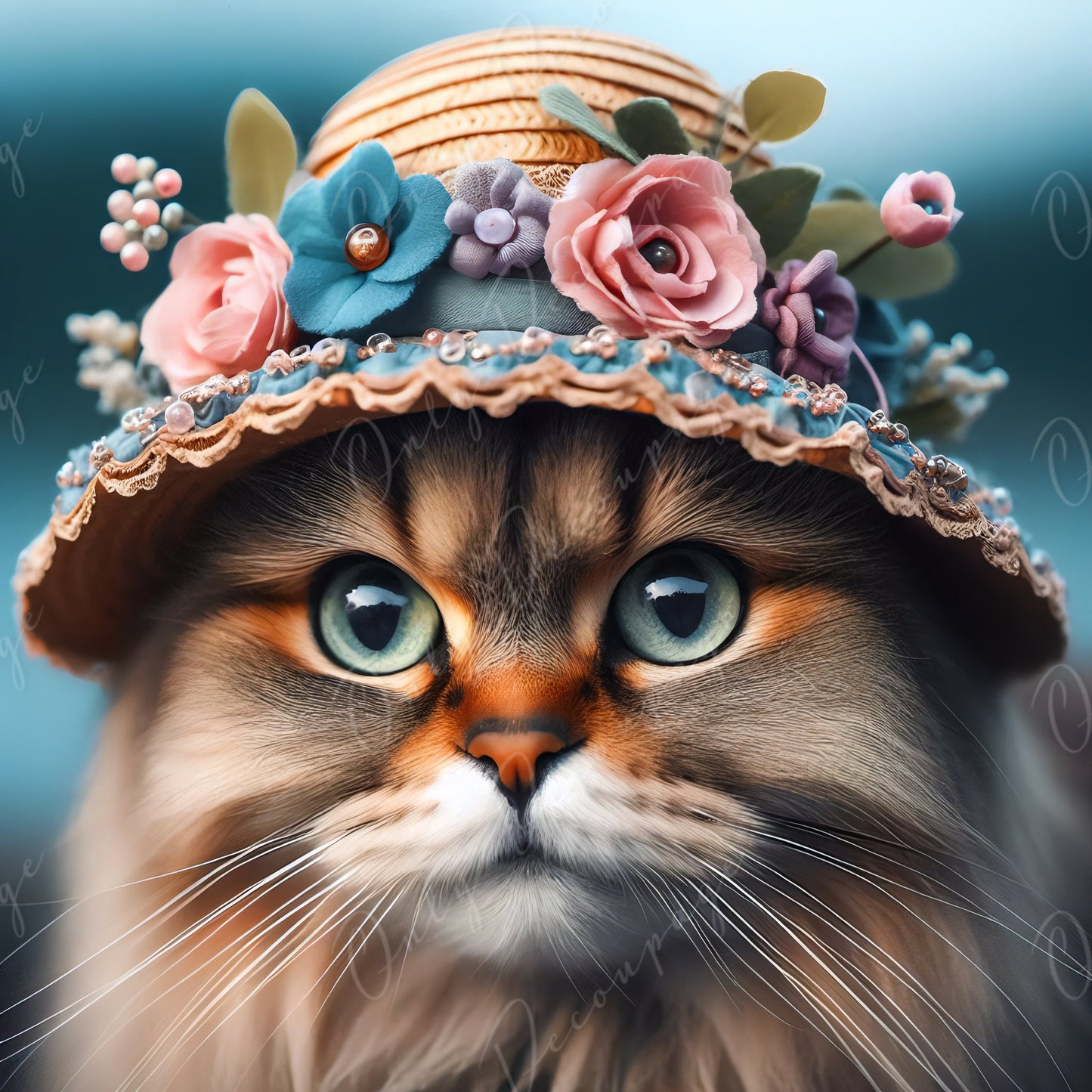 cat wih floral hat decoupage paper