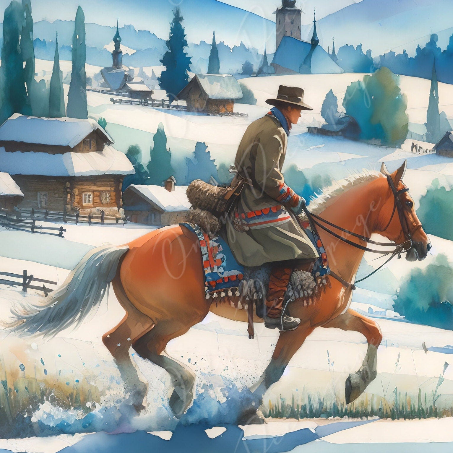 Large Decoupage Paper for Furniture - Cowboy - Rice Paper - Decoupage Paper -White Horse Ride - Snow - Village