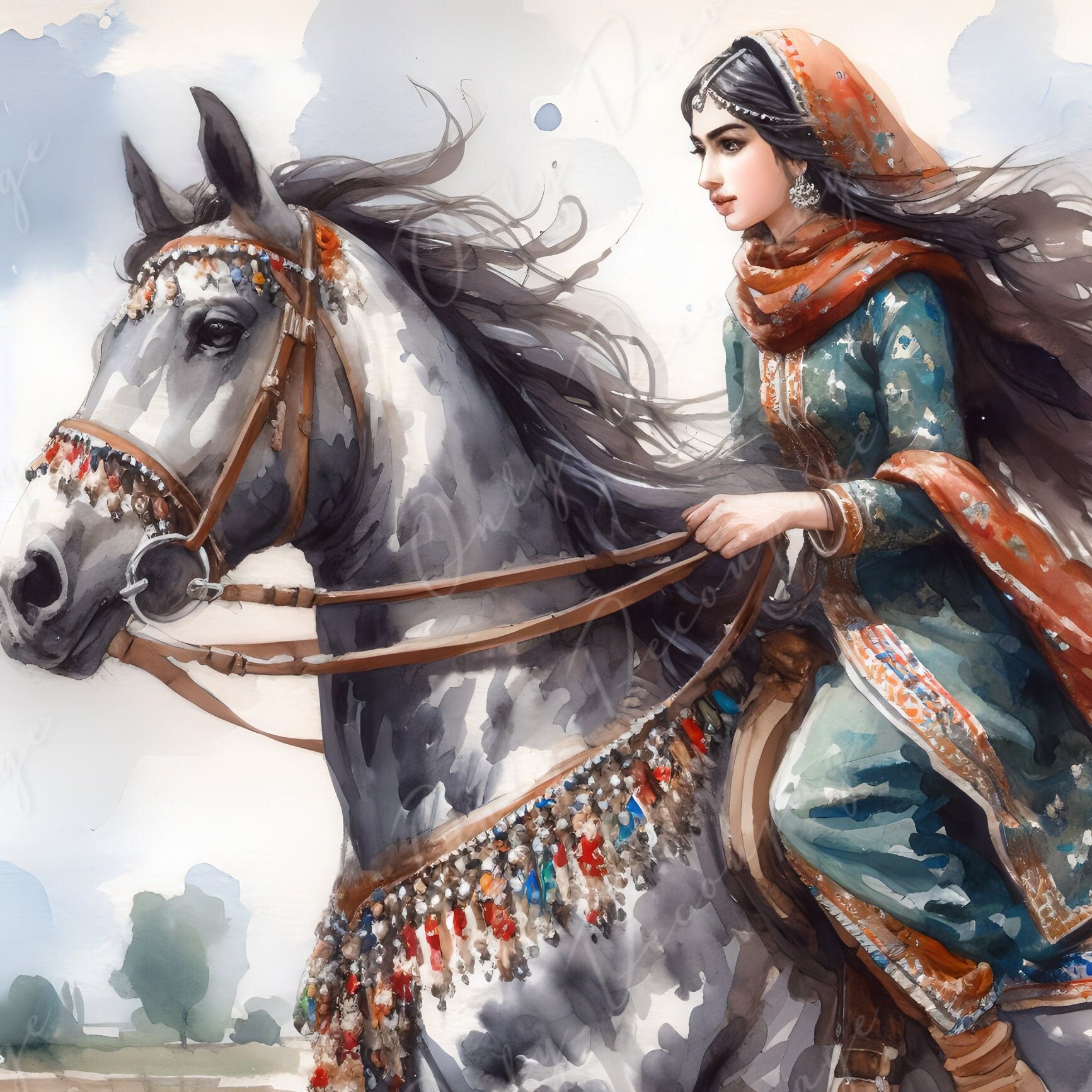 Large Decoupage Paper for Furniture - Persian Girl - Rice Paper - Decoupage Paper -Black Horse Ride - Wind