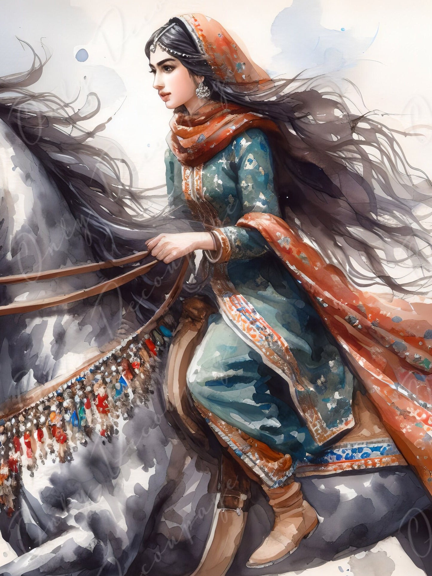 Large Decoupage Paper for Furniture - Persian Girl - Rice Paper - Decoupage Paper -Black Horse Ride - Wind