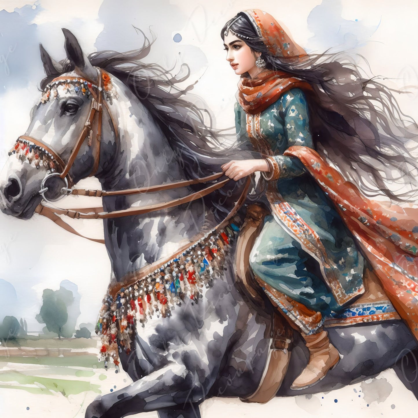 Large Decoupage Paper for Furniture - Persian Girl - Rice Paper - Decoupage Paper -Black Horse Ride - Wind