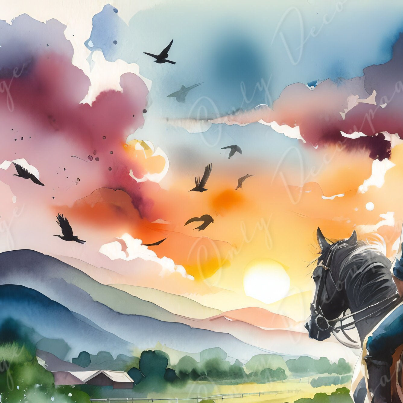 Large Decoupage Paper for Furniture - Cowboy - Rice Paper - Decoupage Paper - Black Horse Ride - Watercolor