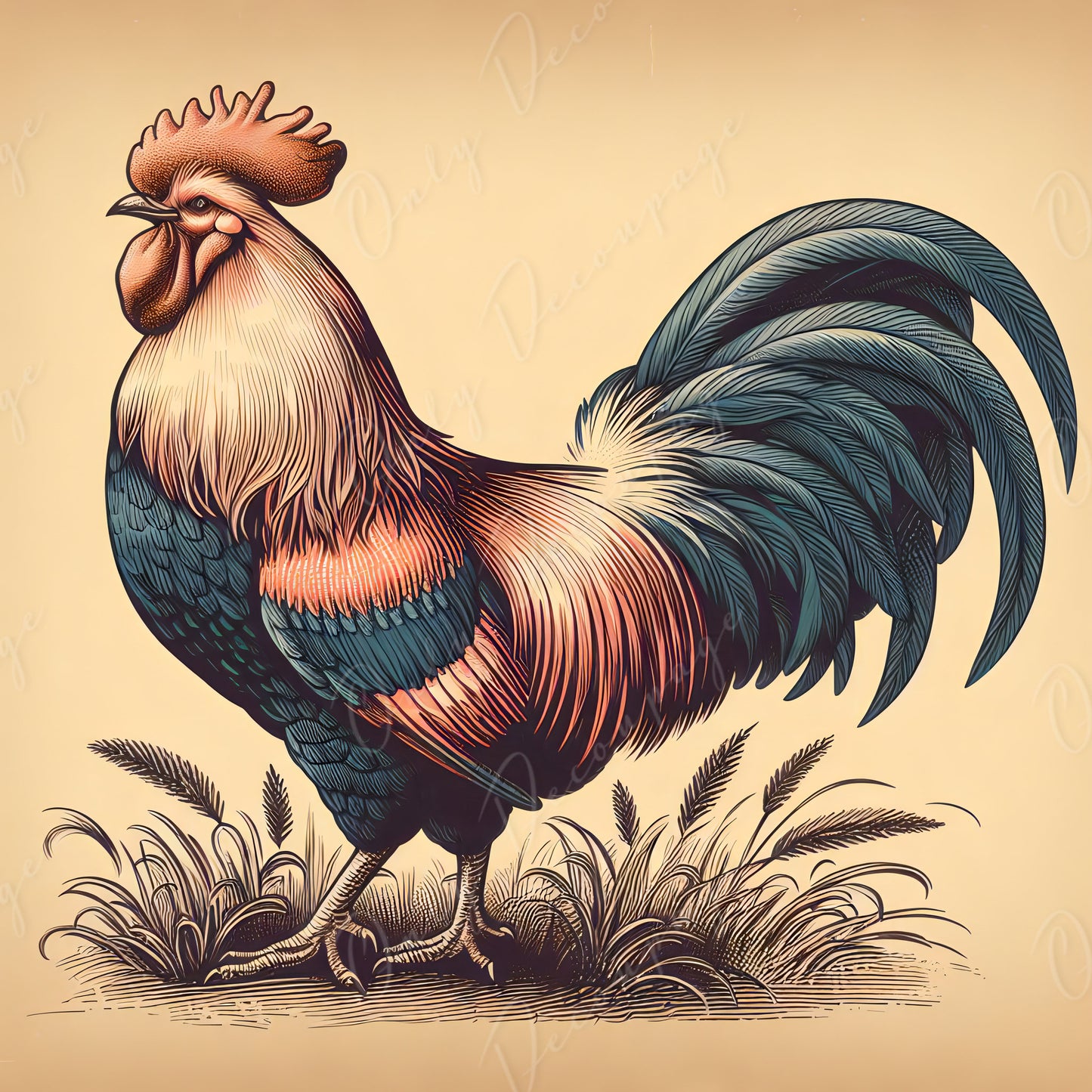 Large Decoupage Paper for Furniture - Rooster - Rice Paper - Decoupage Paper - Farm Life