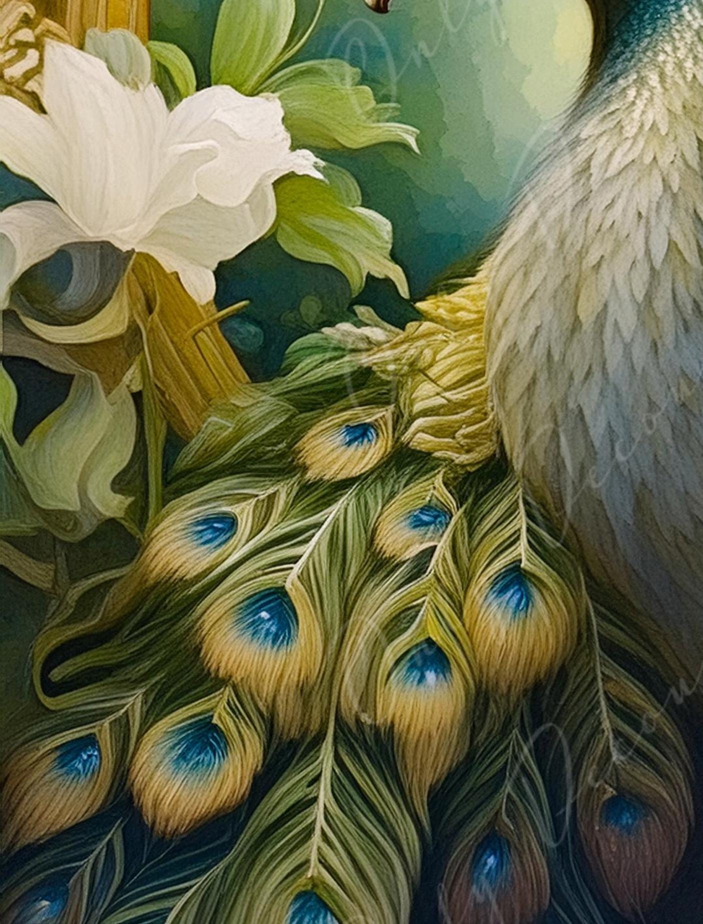 Large Decoupage Paper for Furniture - Peacock Portrait - Rice Paper - Decoupage Paper - White Flowers