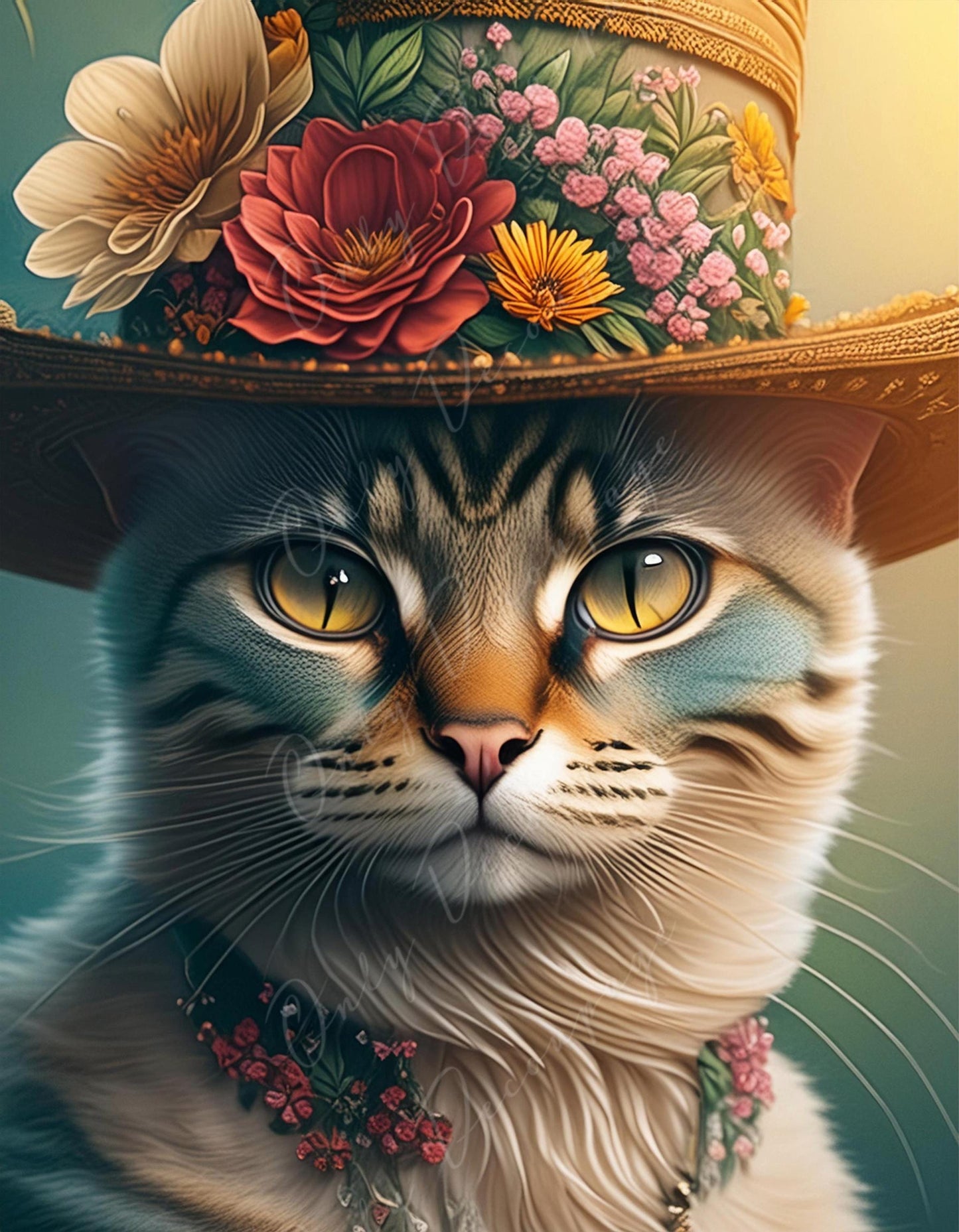 Large Decoupage Paper for Furniture - Cat with Hat - Rice Paper - Decoupage Paper - Floral Portrait