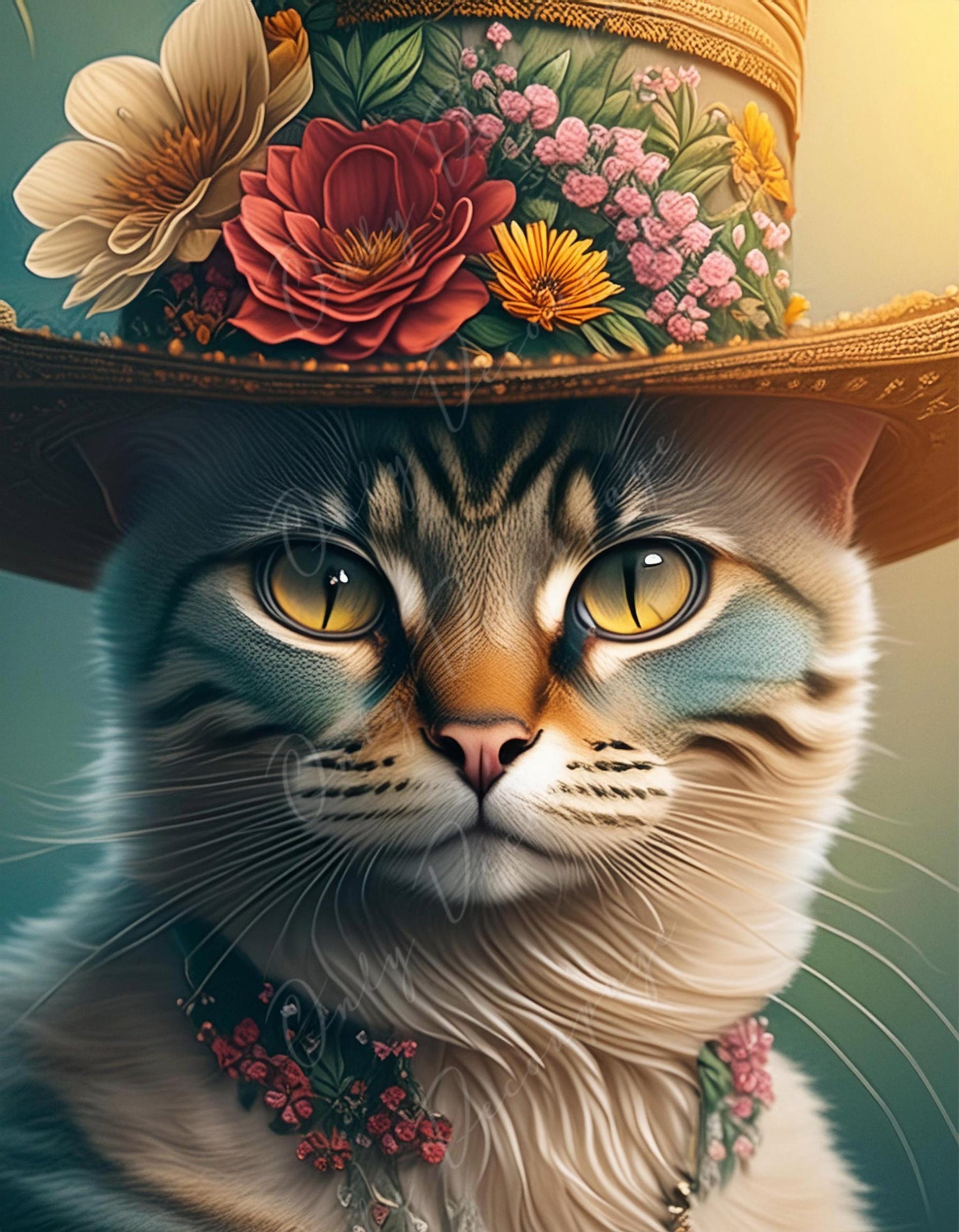 Large Decoupage Paper for Furniture - Cat with Hat - Rice Paper - Decoupage Paper - Floral Portrait