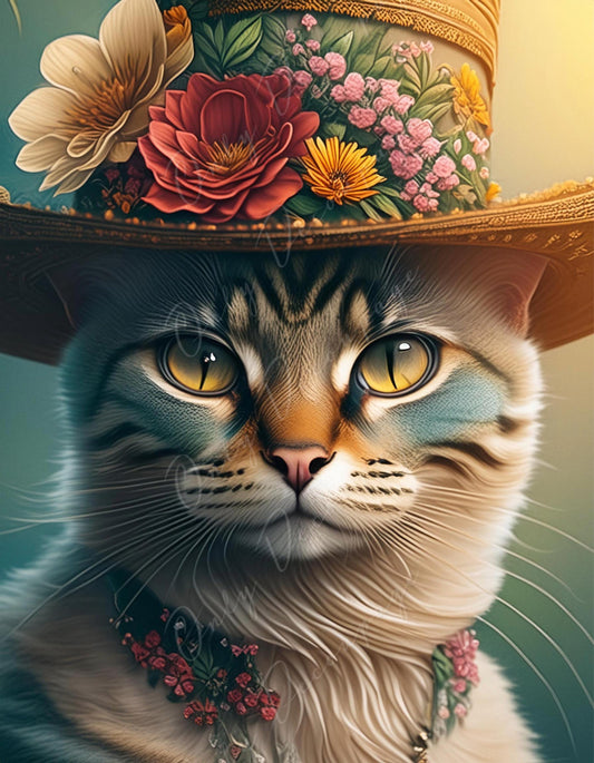 Large Decoupage Paper for Furniture - Cat with Hat - Rice Paper - Decoupage Paper - Floral Portrait
