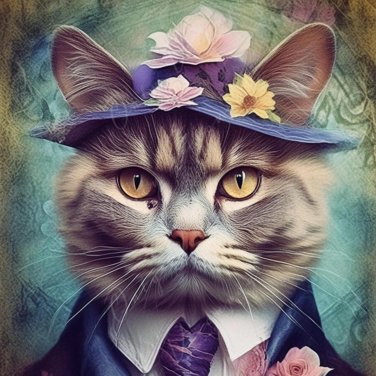 Large Decoupage Paper for Furniture - Cat with Hat - Rice Paper - Decoupage Paper - Floral Portrait