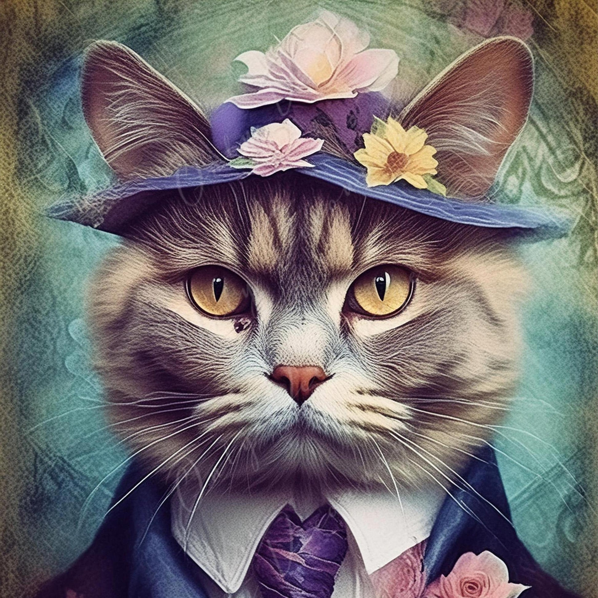 Large Decoupage Paper for Furniture - Cat with Hat - Rice Paper - Decoupage Paper - Floral Portrait
