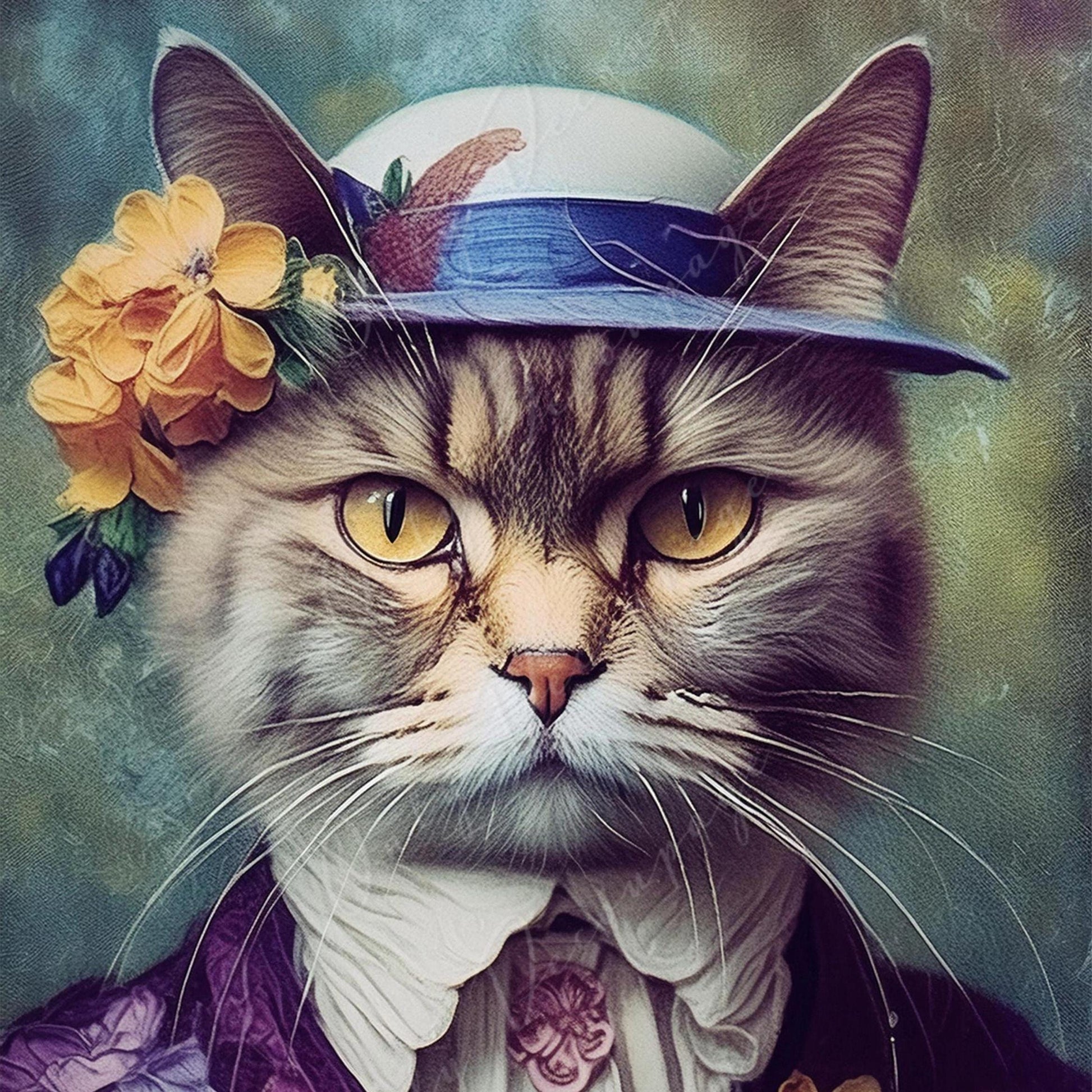 Large Decoupage Paper for Furniture - Cat with Hat - Rice Paper - Decoupage Paper - Floral Portrait