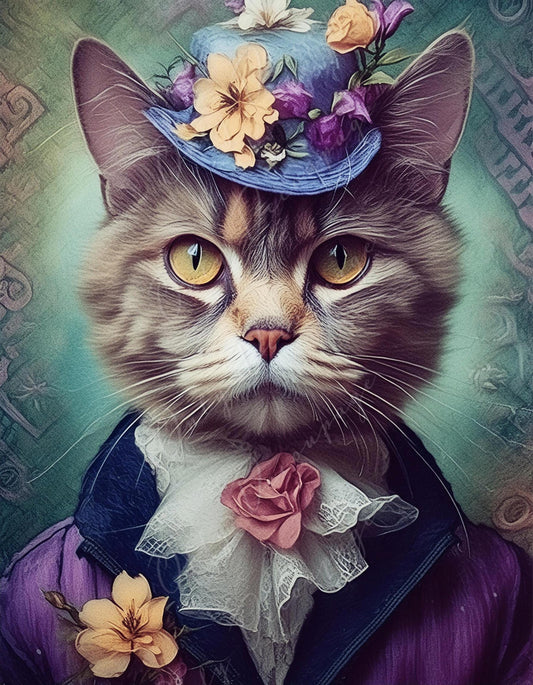 Large Decoupage Paper for Furniture - Cat with Blue Hat - Rice Paper - Decoupage Paper - Floral Portrait - Yellow Eyes