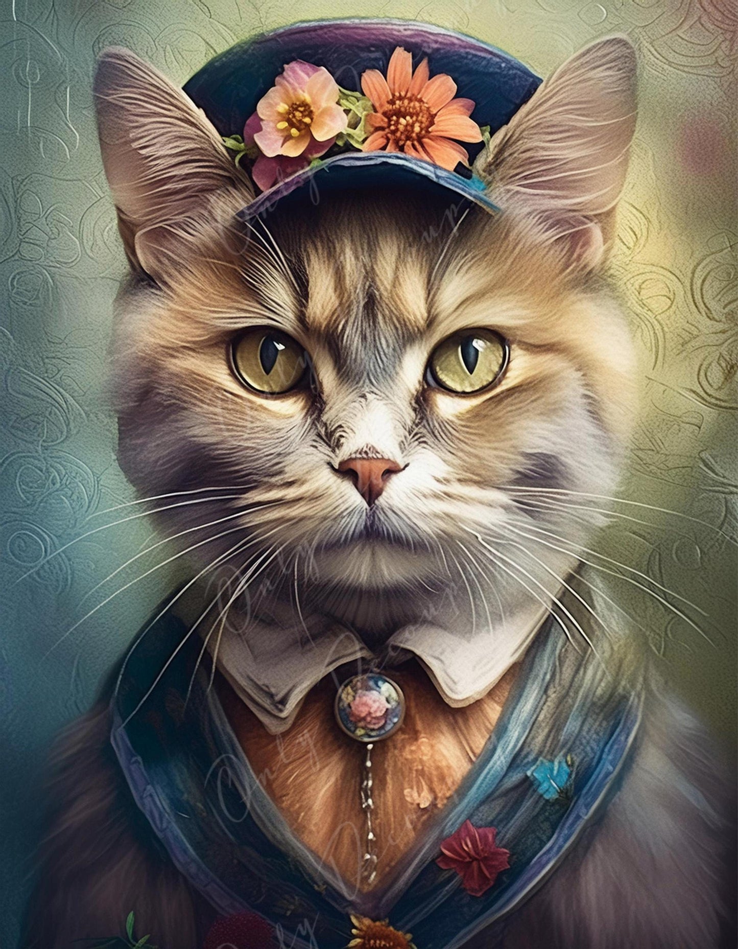 Large Decoupage Paper for Furniture - Cat with Floral Hat - Rice Paper - Decoupage Paper - Animal Portrait - Yellow Eyes