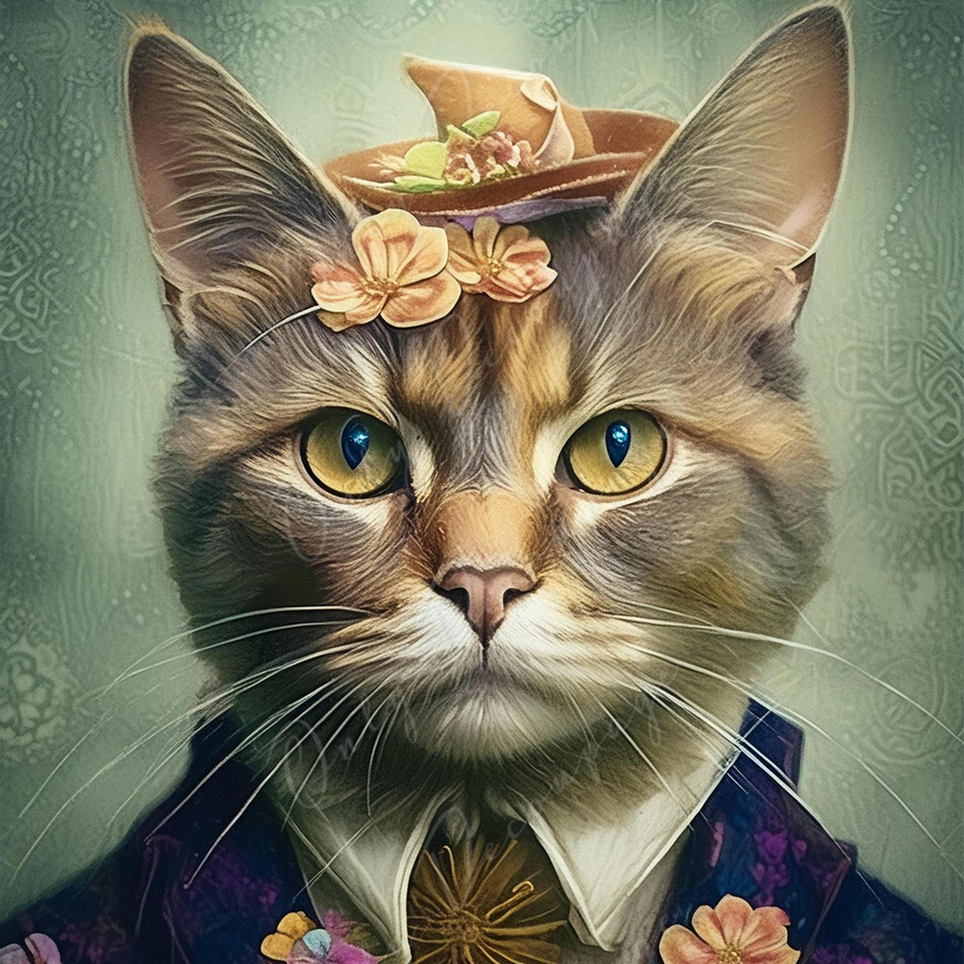 Large Decoupage Paper for Furniture - Cat Portrait - Rice Paper - Decoupage Paper - Tiny Floral Hat