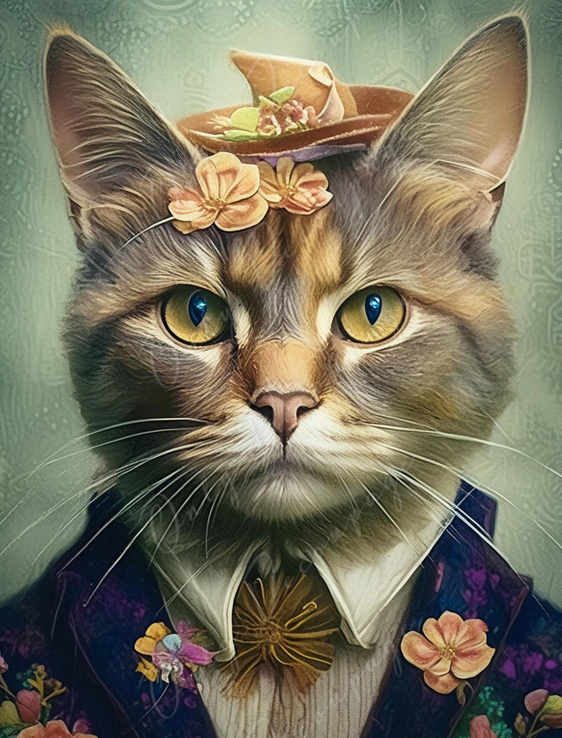 Large Decoupage Paper for Furniture - Cat Portrait - Rice Paper - Decoupage Paper - Tiny Floral Hat