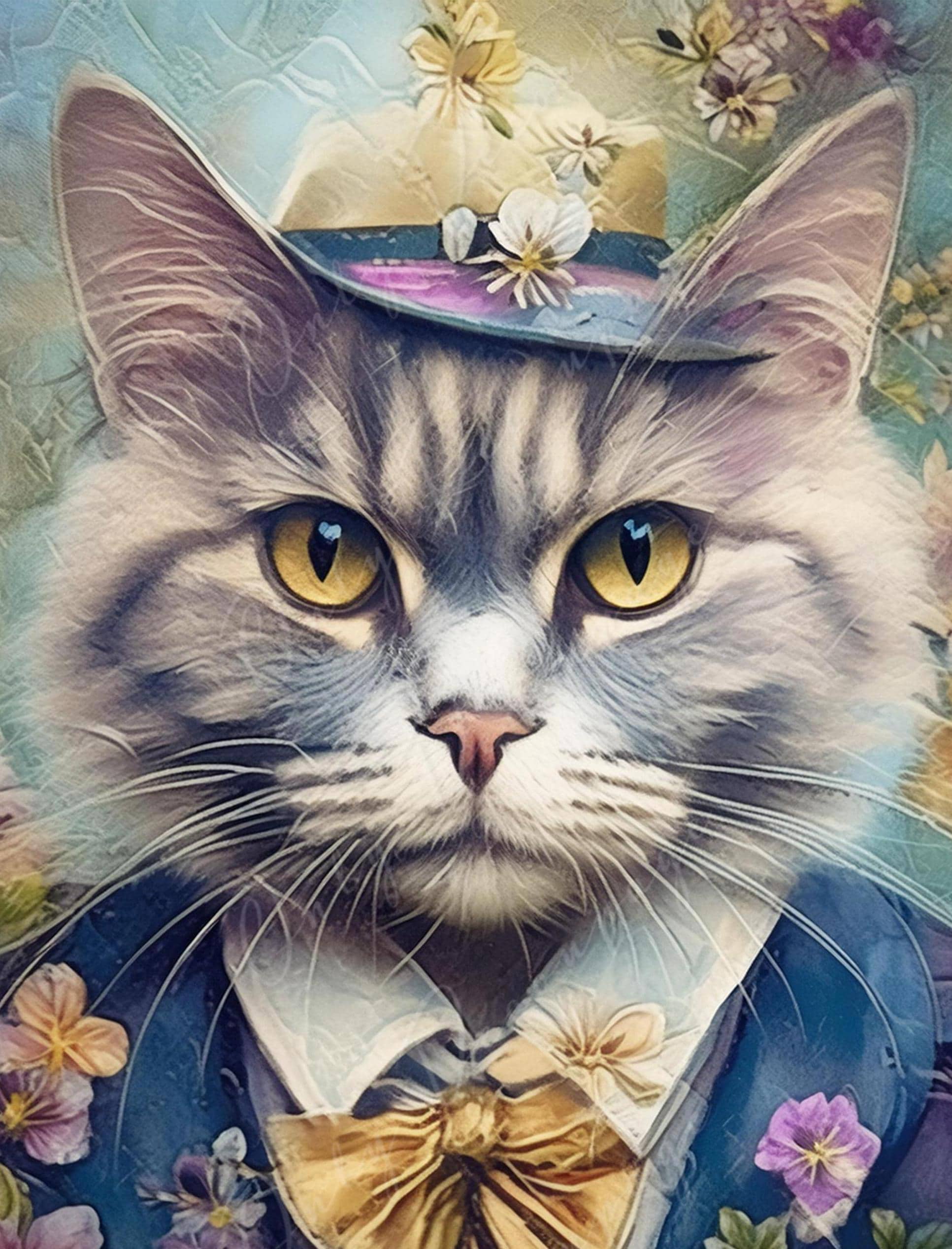 Large Decoupage Paper for Furniture - Cat Portrait - Rice Paper - Decoupage Paper - Tiny Floral Hat