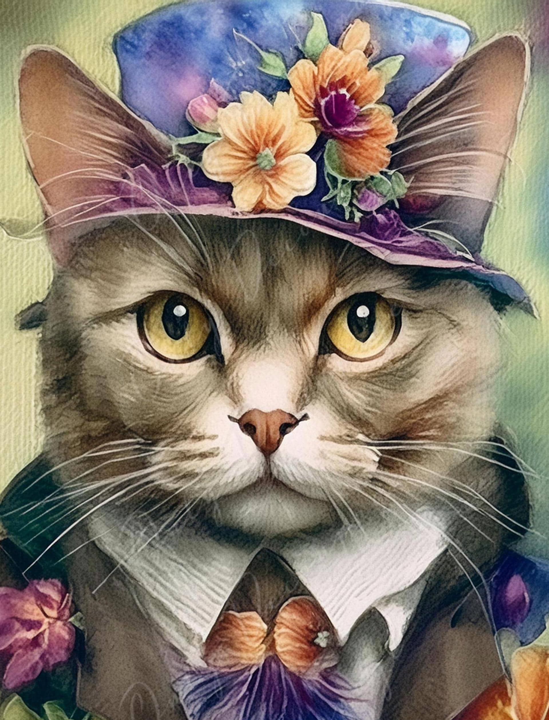 Large Decoupage Paper for Furniture - Cat Portrait - Rice Paper - Decoupage Paper - Tiny Floral Hat