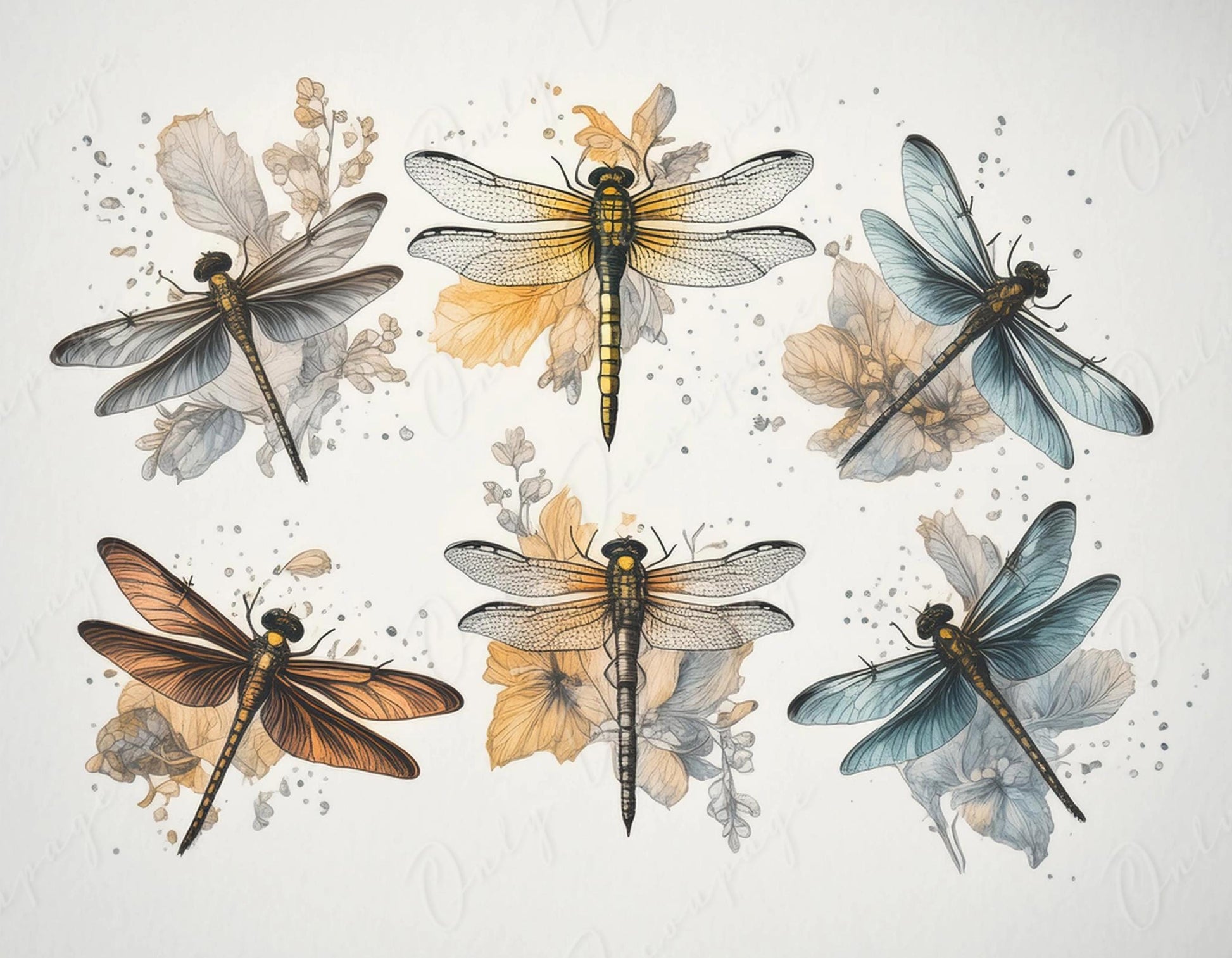 Dragonfly - Large Decoupage Paper for Furniture - Rice Paper - Decoupage Paper - Yellow & Blue Watercolor