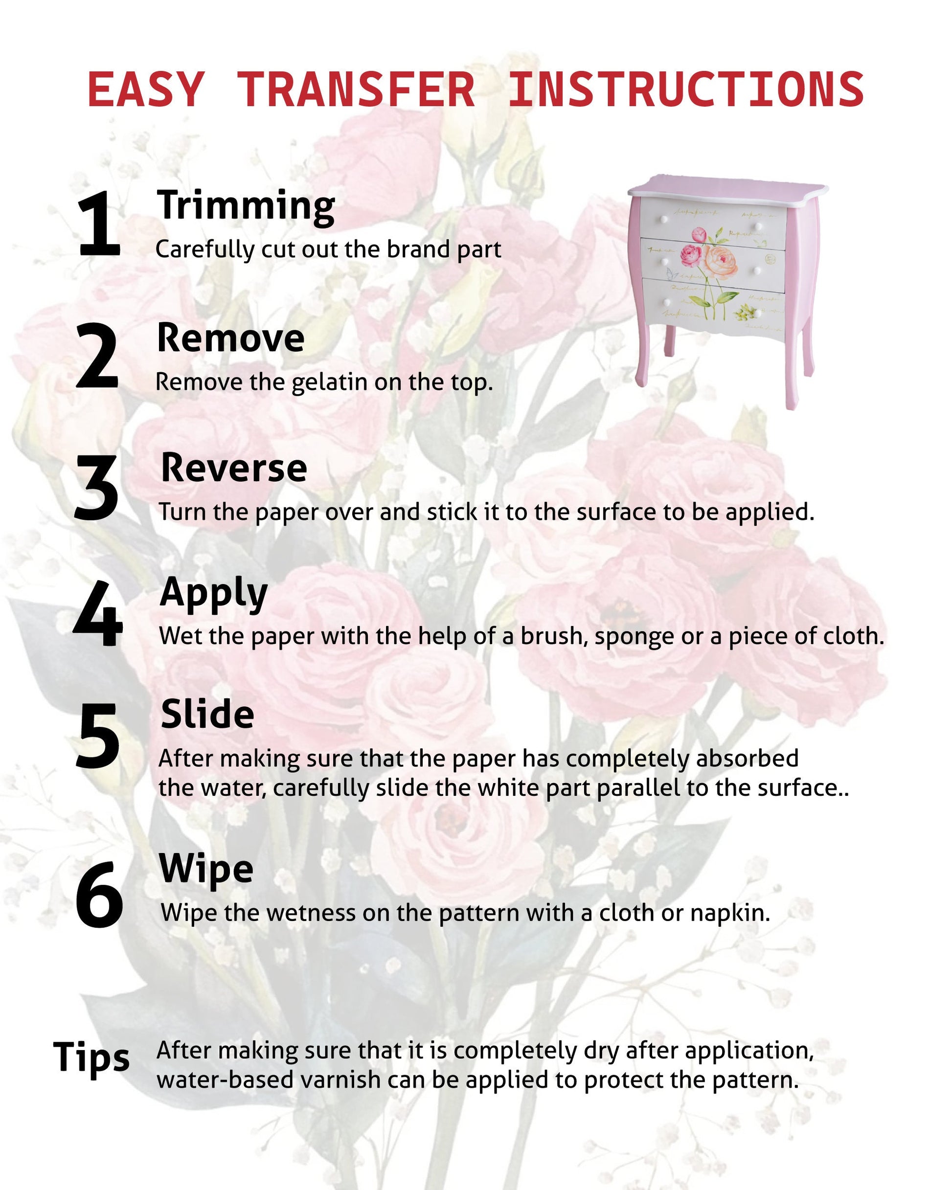 Easy Furniture Transfer - Decor Transfer - Furniture Upcycling - Floral Transfer - Country Style - Farm Life