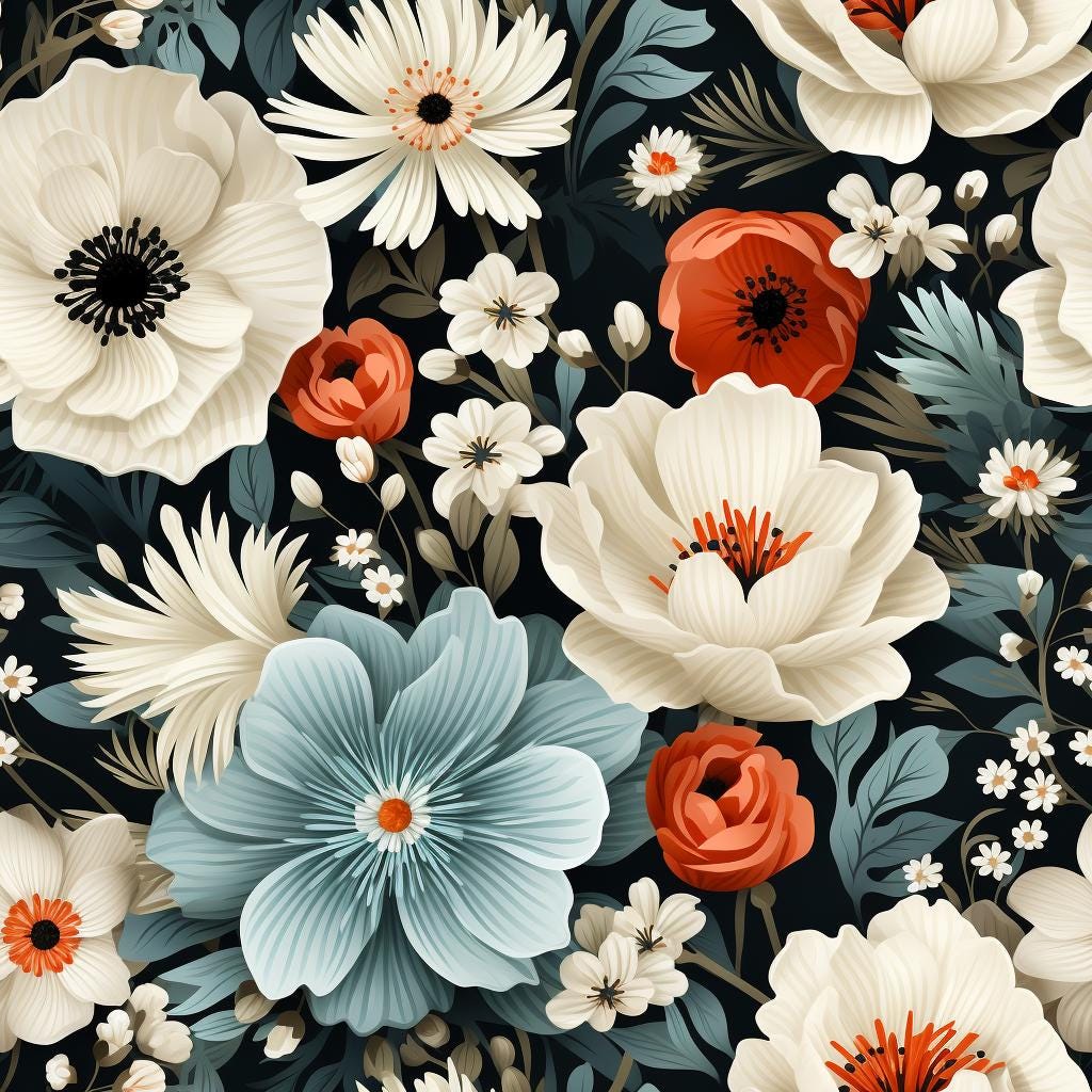 Decoupage Paper - Repeating Pattern - Floral Decorative Paper - 6 Size Options - Black Background - Blue White Flowers