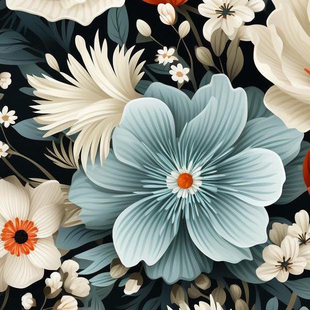 Decoupage Paper - Repeating Pattern - Floral Decorative Paper - 6 Size Options - Black Background - Blue White Flowers