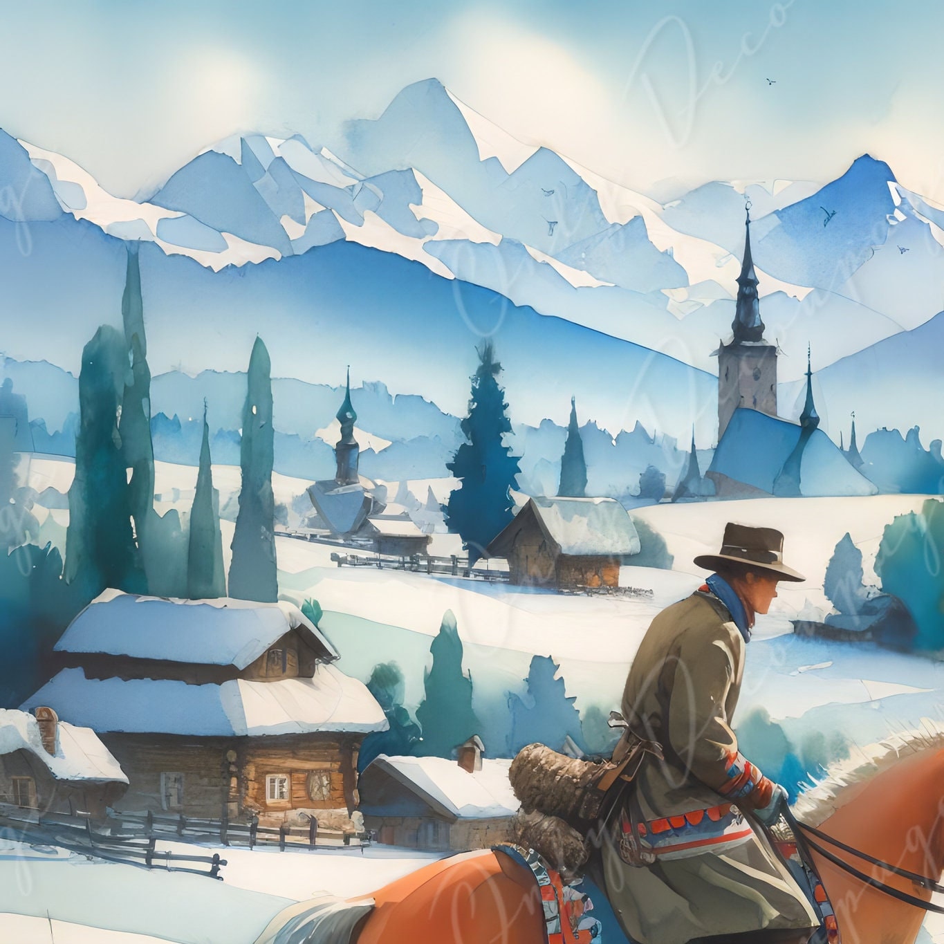 Large Decoupage Paper for Furniture - Cowboy - Rice Paper - Decoupage Paper -White Horse Ride - Snow - Village