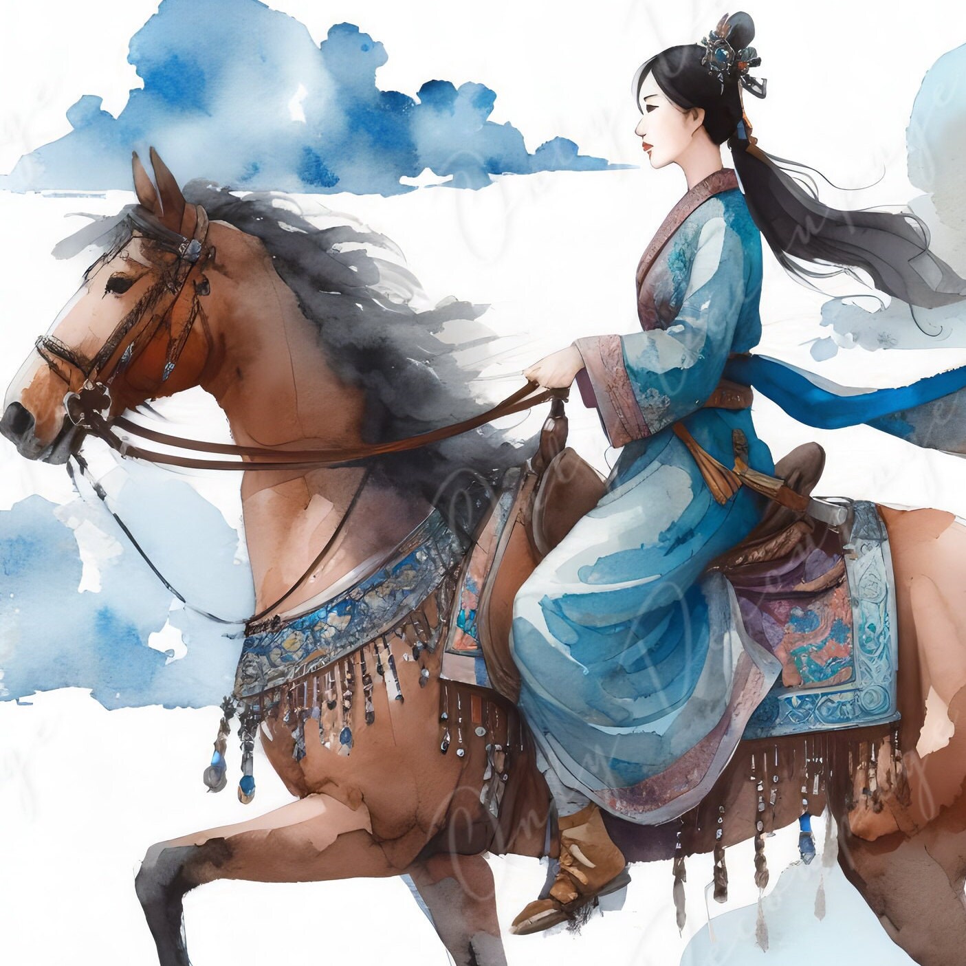 Large Decoupage Paper for Furniture - Mongolian Girl - Rice Paper - Decoupage Paper -Brown Horse Ride - Clouds