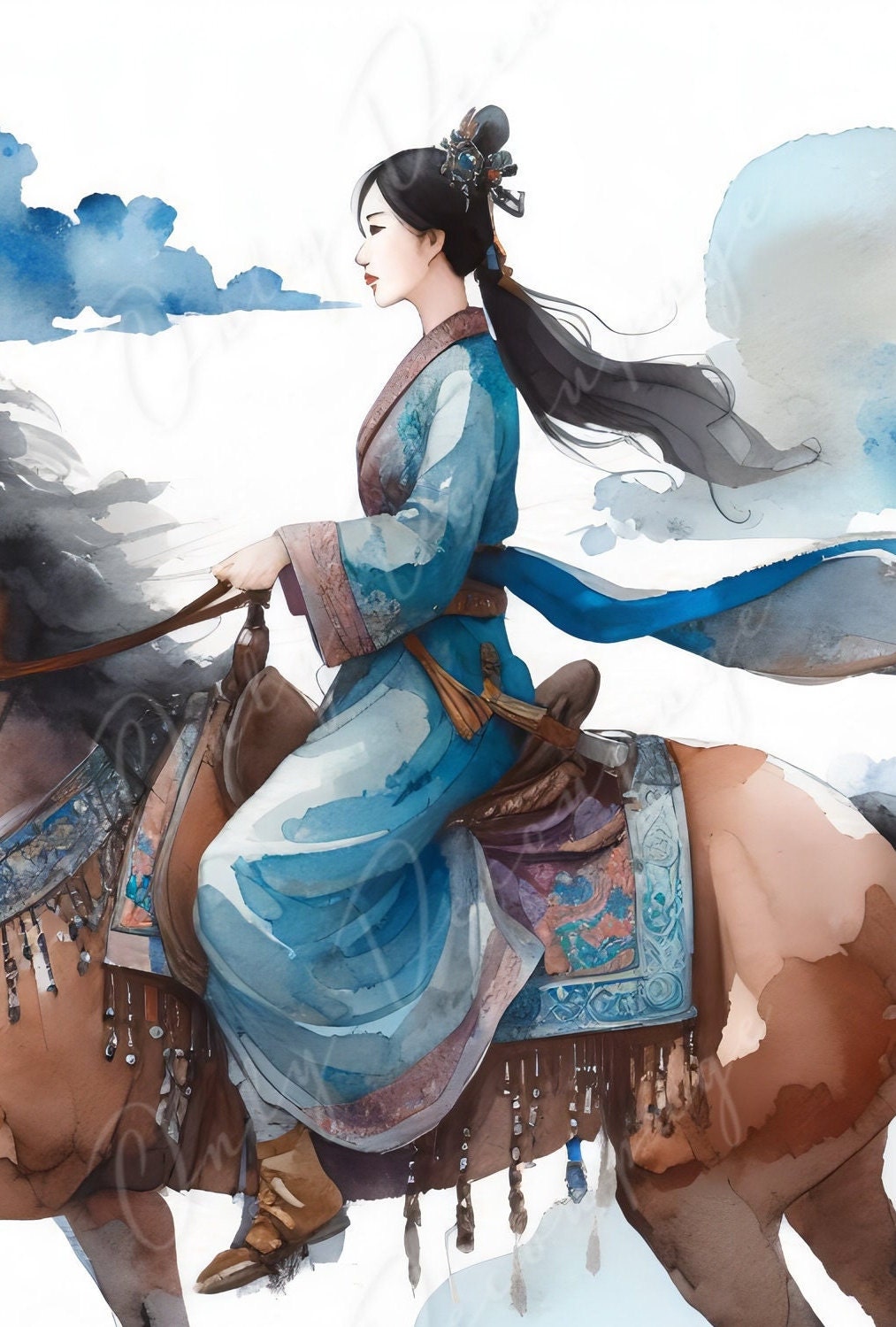 Large Decoupage Paper for Furniture - Mongolian Girl - Rice Paper - Decoupage Paper -Brown Horse Ride - Clouds