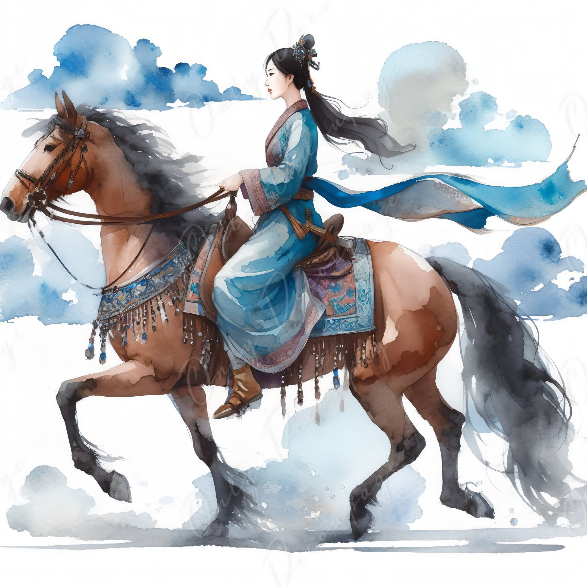 Large Decoupage Paper for Furniture - Mongolian Girl - Rice Paper - Decoupage Paper -Brown Horse Ride - Clouds