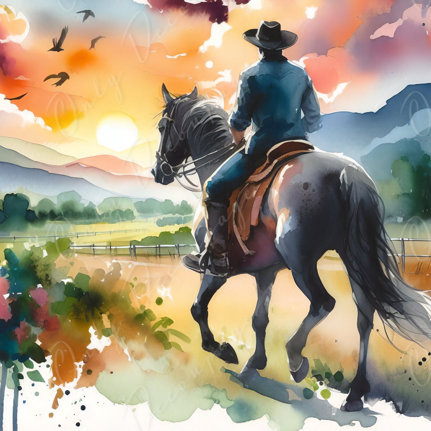 Large Decoupage Paper for Furniture - Cowboy - Rice Paper - Decoupage Paper - Black Horse Ride - Watercolor