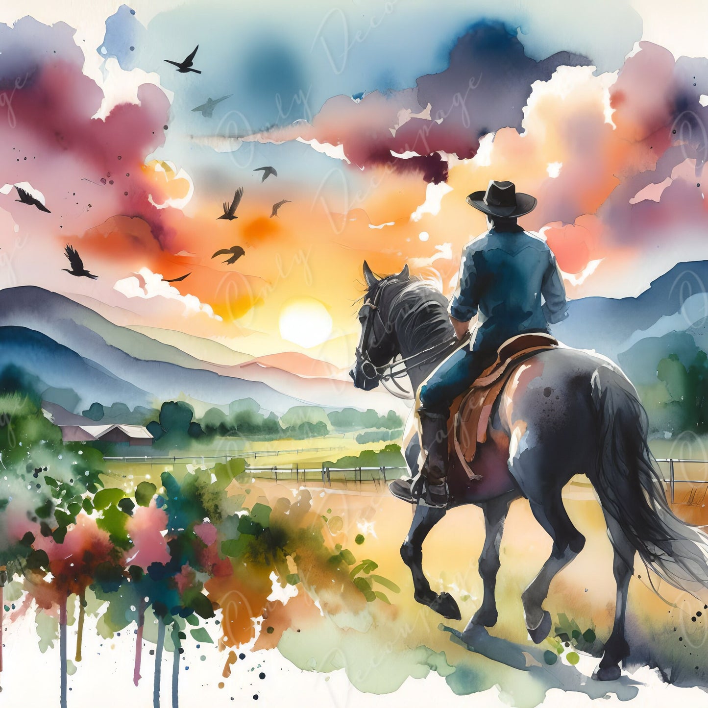 Large Decoupage Paper for Furniture - Cowboy - Rice Paper - Decoupage Paper - Black Horse Ride - Watercolor