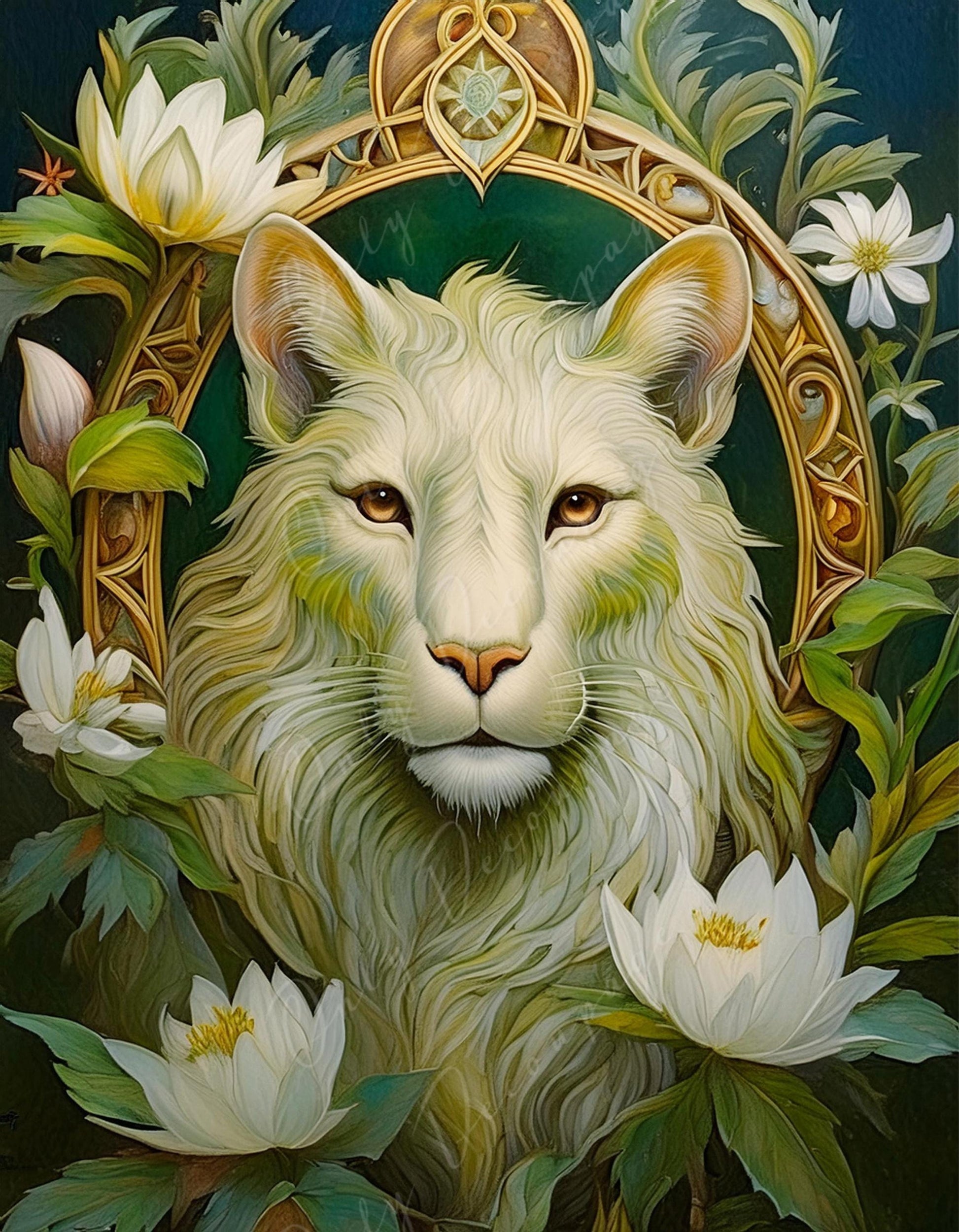 Large Decoupage Paper for Furniture - White Lion Portrait - Rice Paper - Decoupage Paper - White Flowers