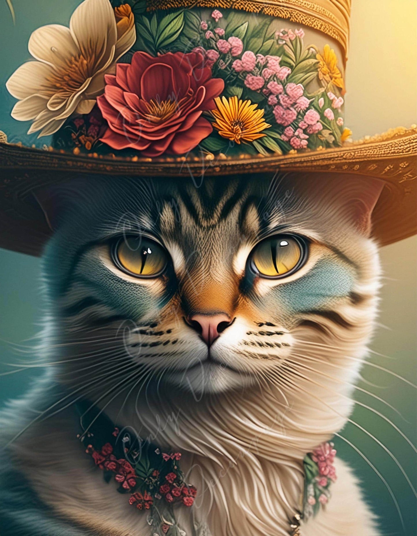 Large Decoupage Paper for Furniture - Cat with Hat - Rice Paper - Decoupage Paper - Floral Portrait