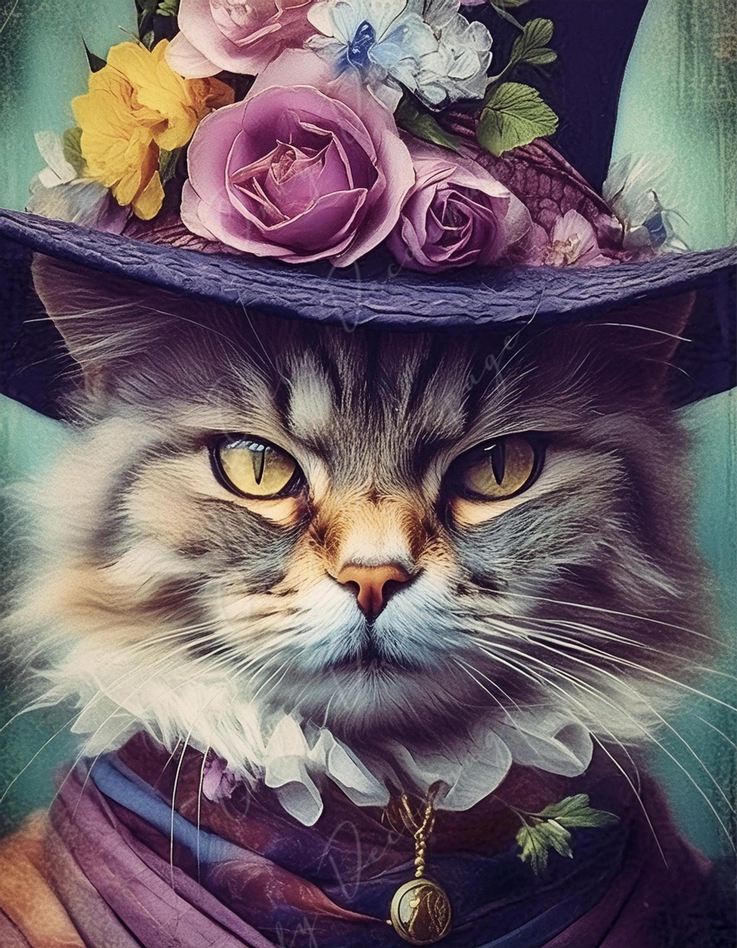 Large Decoupage Paper for Furniture - Cat with Hat - Rice Paper - Decoupage Paper - Floral Portrait